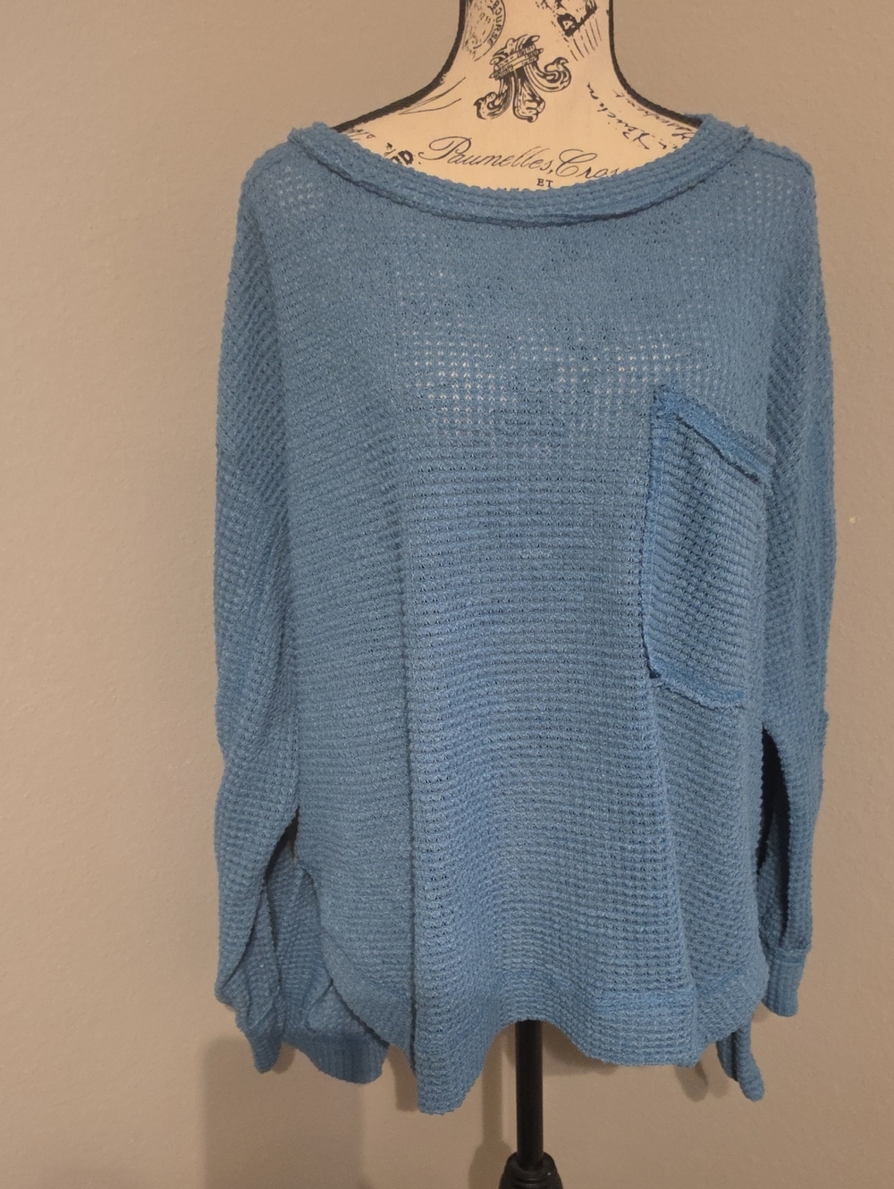 Women's Umgee Soft Sky-Blue Open Weave Scoop-Neck Sweater with Pocket Plus Sz 2X